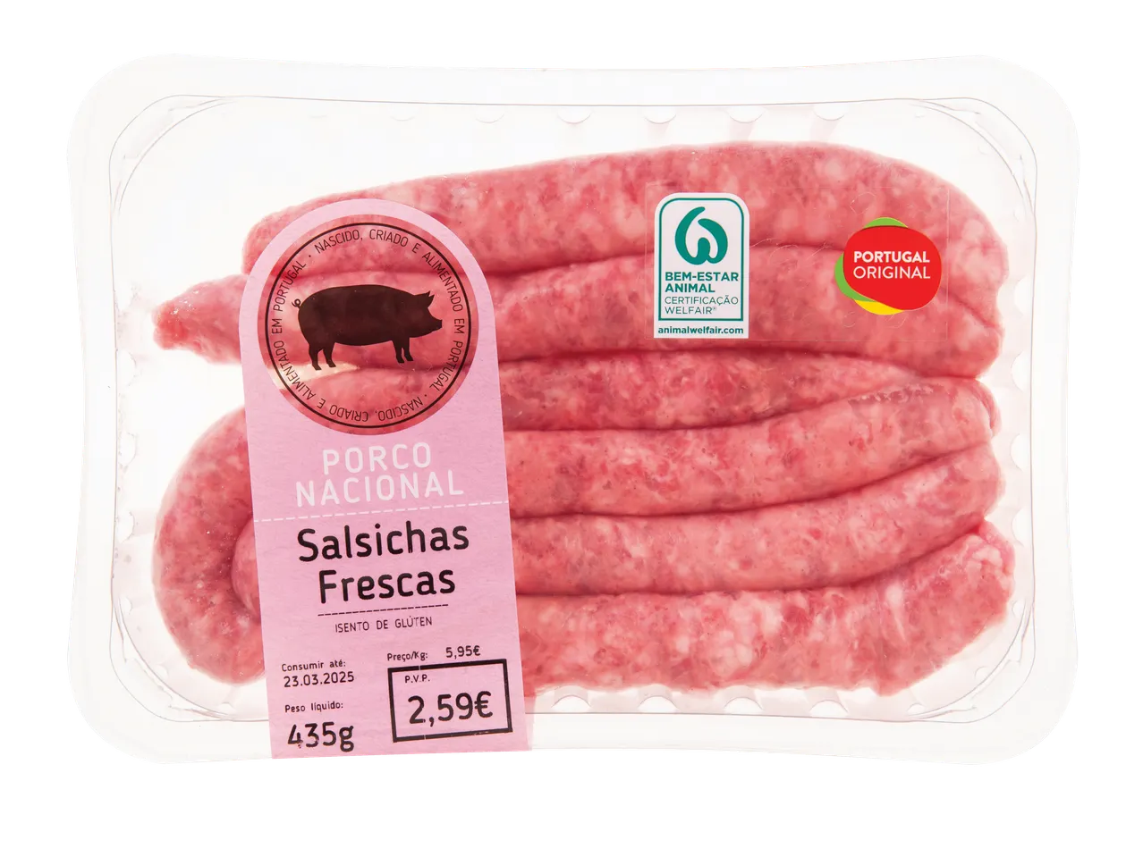 Embalagem de salsichas frescas de porco portuguesas, certificadas pela Animal Welfare.