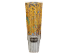 Forsythia 'Goldrausch' in a decorative pot with a wooden plank design.