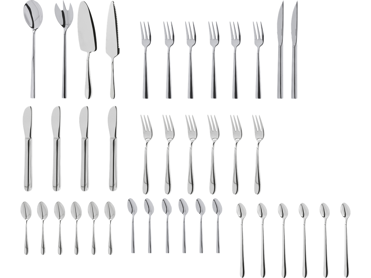 Bestickset i rostfritt stål med skedar, gafflar och knivar i olika storlekar.