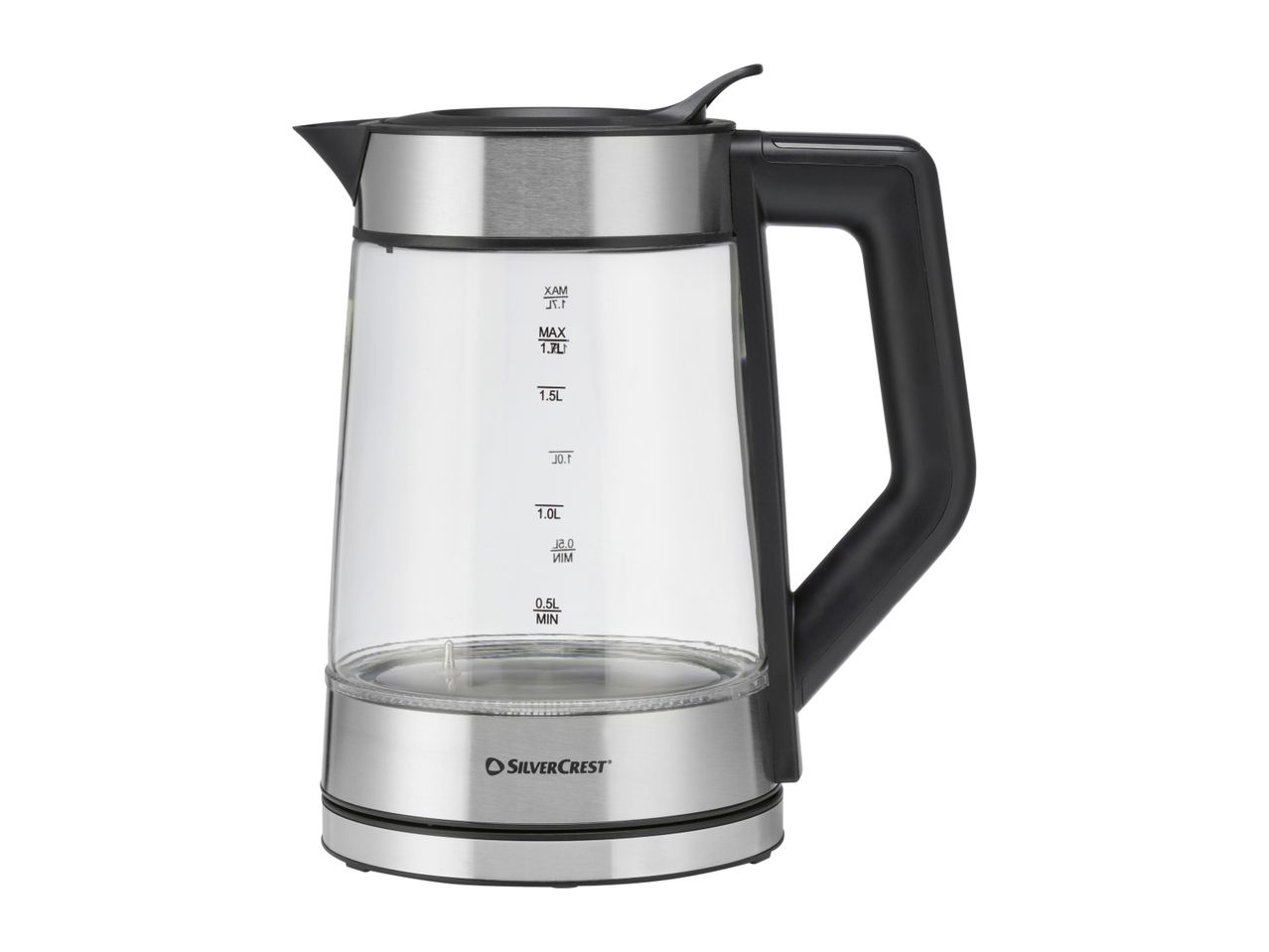 Glass kettle with stainless steel accents and a black handle, showing water level markings.