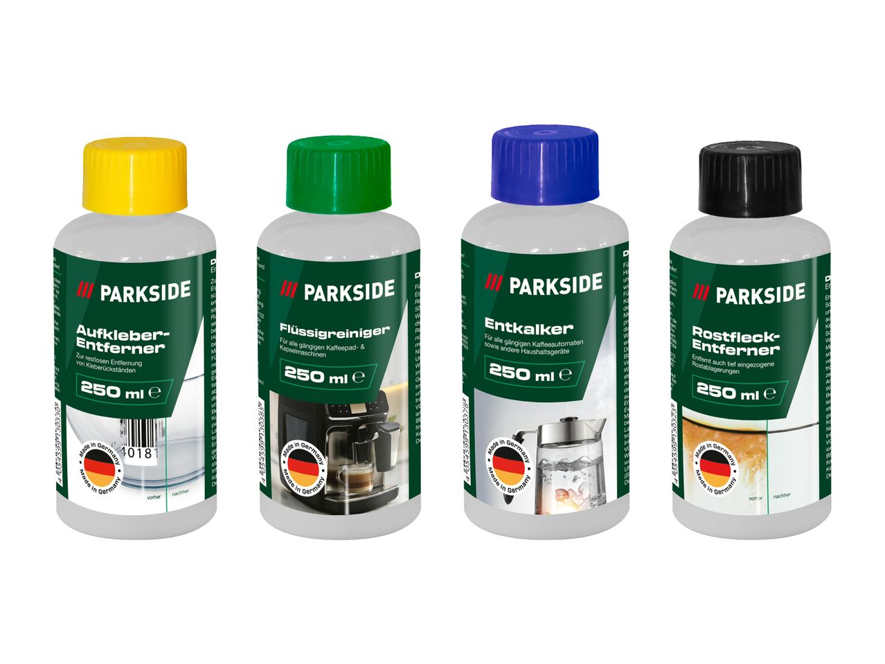 Vier Parkside Reiniger: Aufkleber-Entferner, Flüssigreiniger, Entkalker und Rostflecken-Entferner