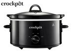 Black slow cooker with a glass lid and manual control dial.