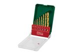 A set of golden drill bits in a red and green case, with sizes from 1.5 to 8 mm.