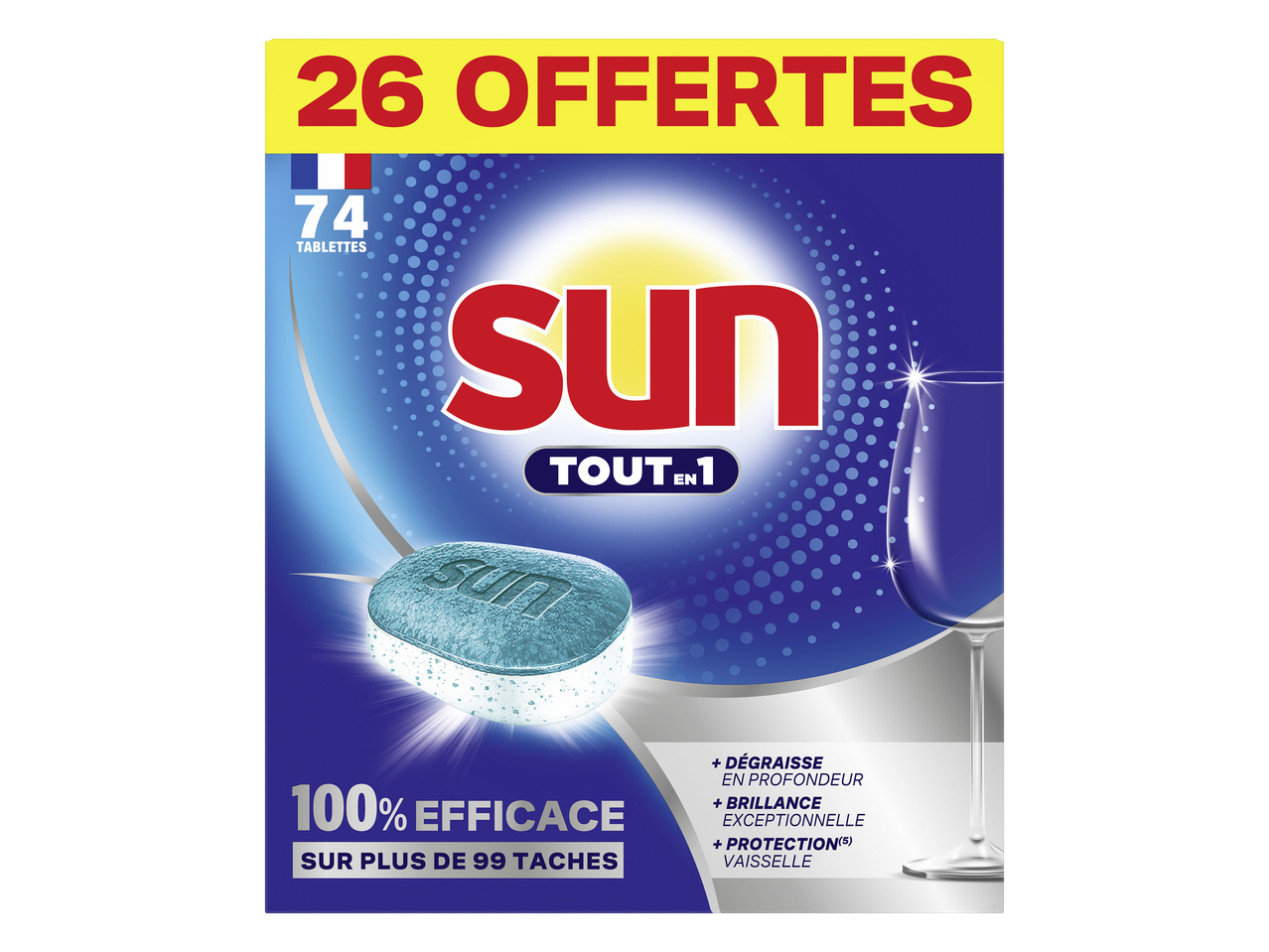 Tablettes pour lave-vaisselle tout-en-un, 74 tablettes dont 26 offertes, 100% efficace sur plus de 99 taches.