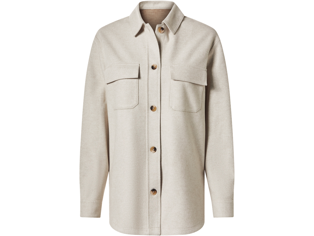 esmara® Ladies' Fleece Overshirt in light beige, featuring a collar, buttons, and chest pockets.
