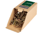 A cardboard box of Parkside® chipboard screws with a green label showing screw details.