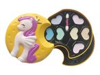 A yellow unicorn-shaped compact holds a heart-shaped eyeshadow palette.