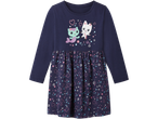 Tamsiai mėlyna vaikiška suknelė su undinėlės kačių ir širdelių raštu.