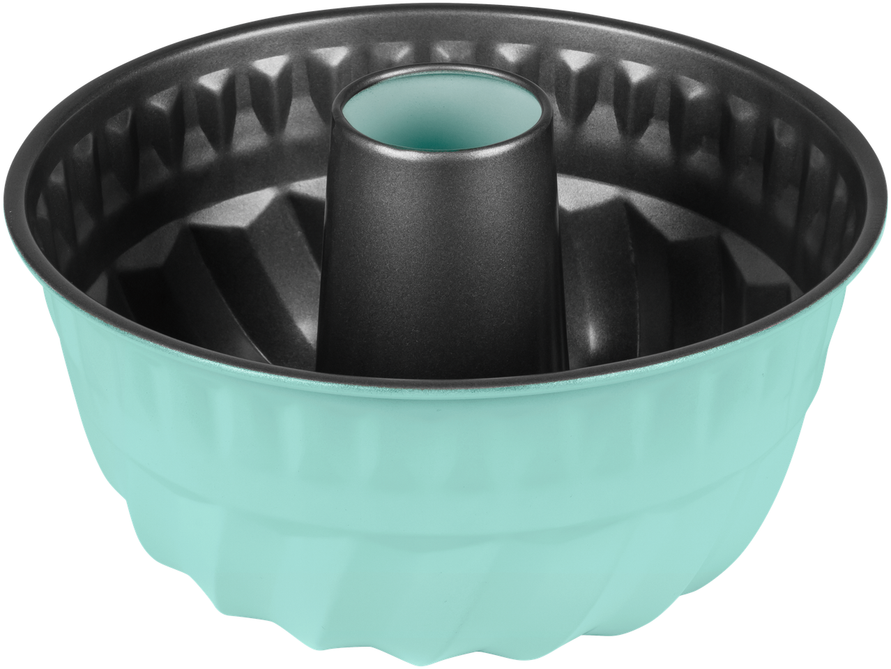 Moule à gâteau antiadhésif avec cannelures en spirale, turquoise et anthracite.