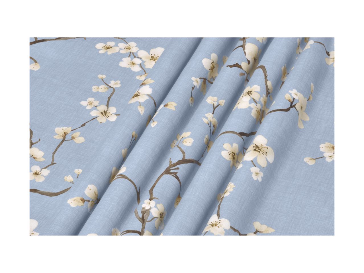 Light blue fabric with a delicate white cherry blossom pattern