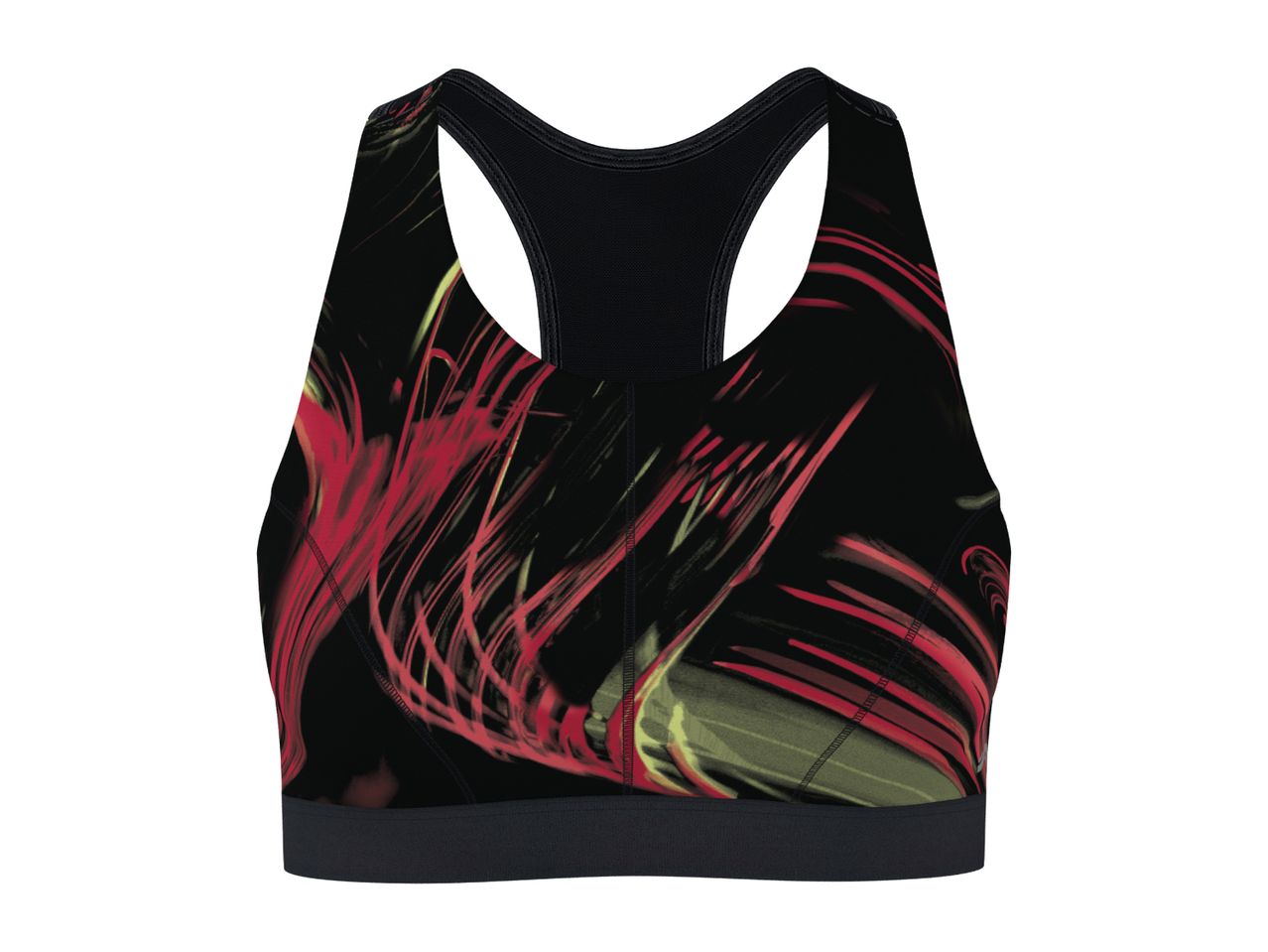 Black sports bra with red and yellow abstract brushstroke pattern