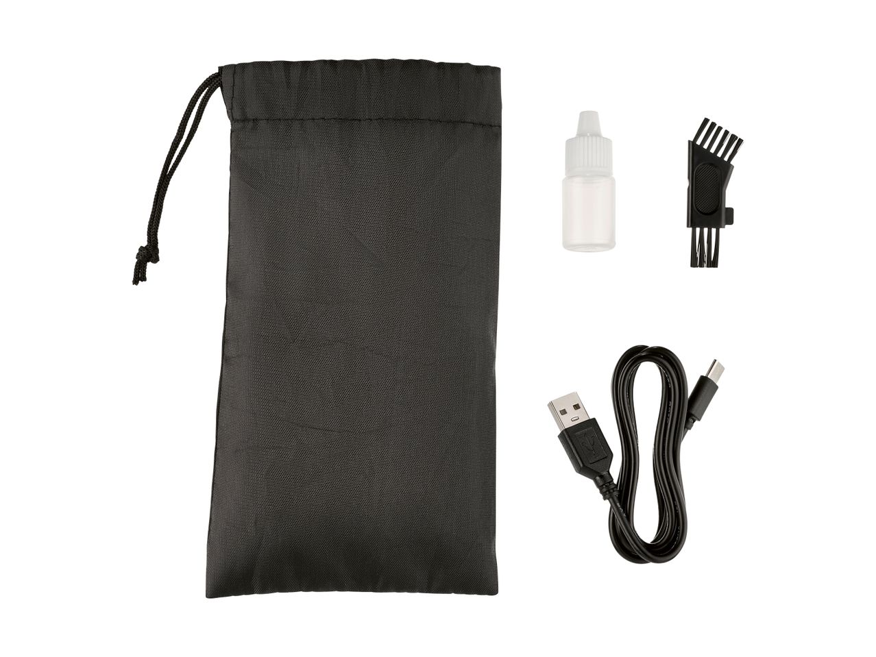 Black drawstring bag with a small bottle, cleaning brush, and USB-C charging cable.