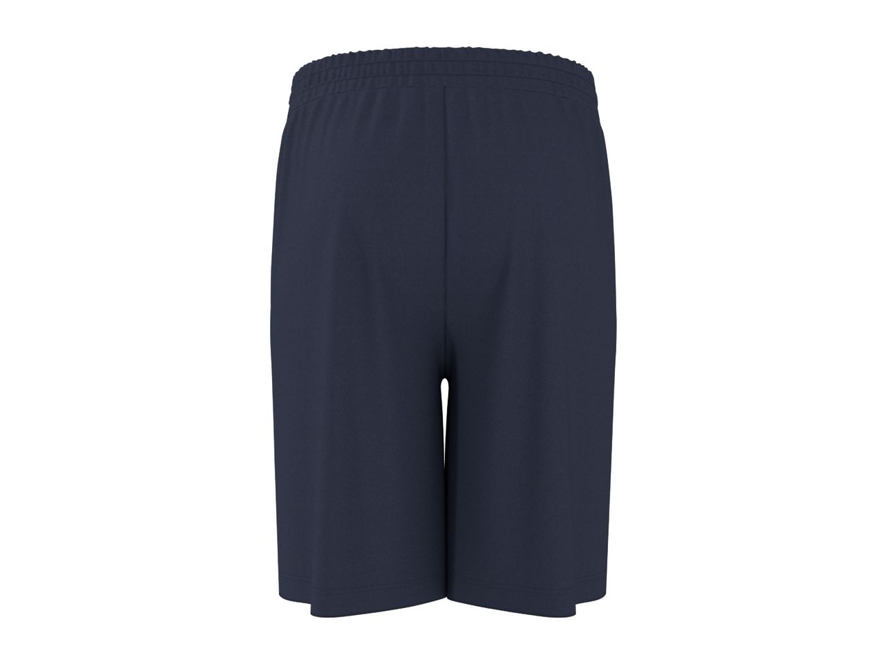 Dark blue athletic shorts with an elastic waistband, viewed from the back.
