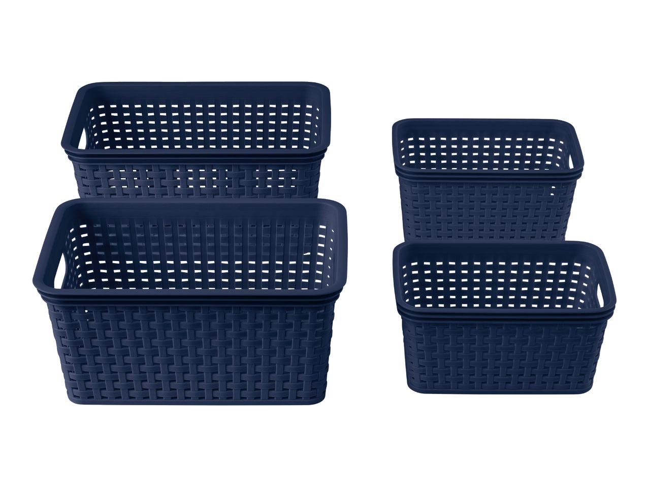 A set of navy blue plastic storage baskets with a woven design.