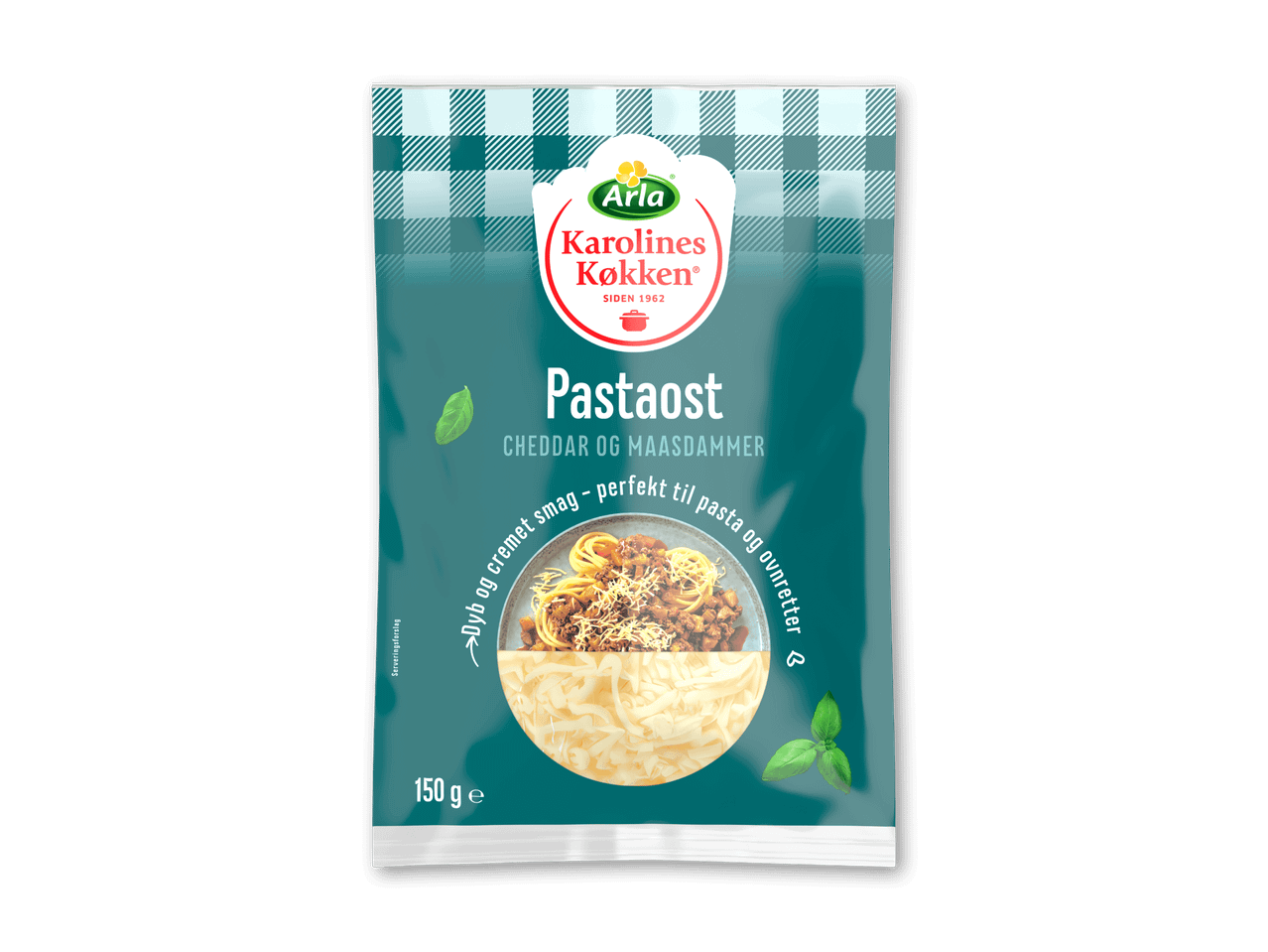 Pakke med revet pastaost, cheddar og Maasdammer, med billede af spaghetti bolognese.