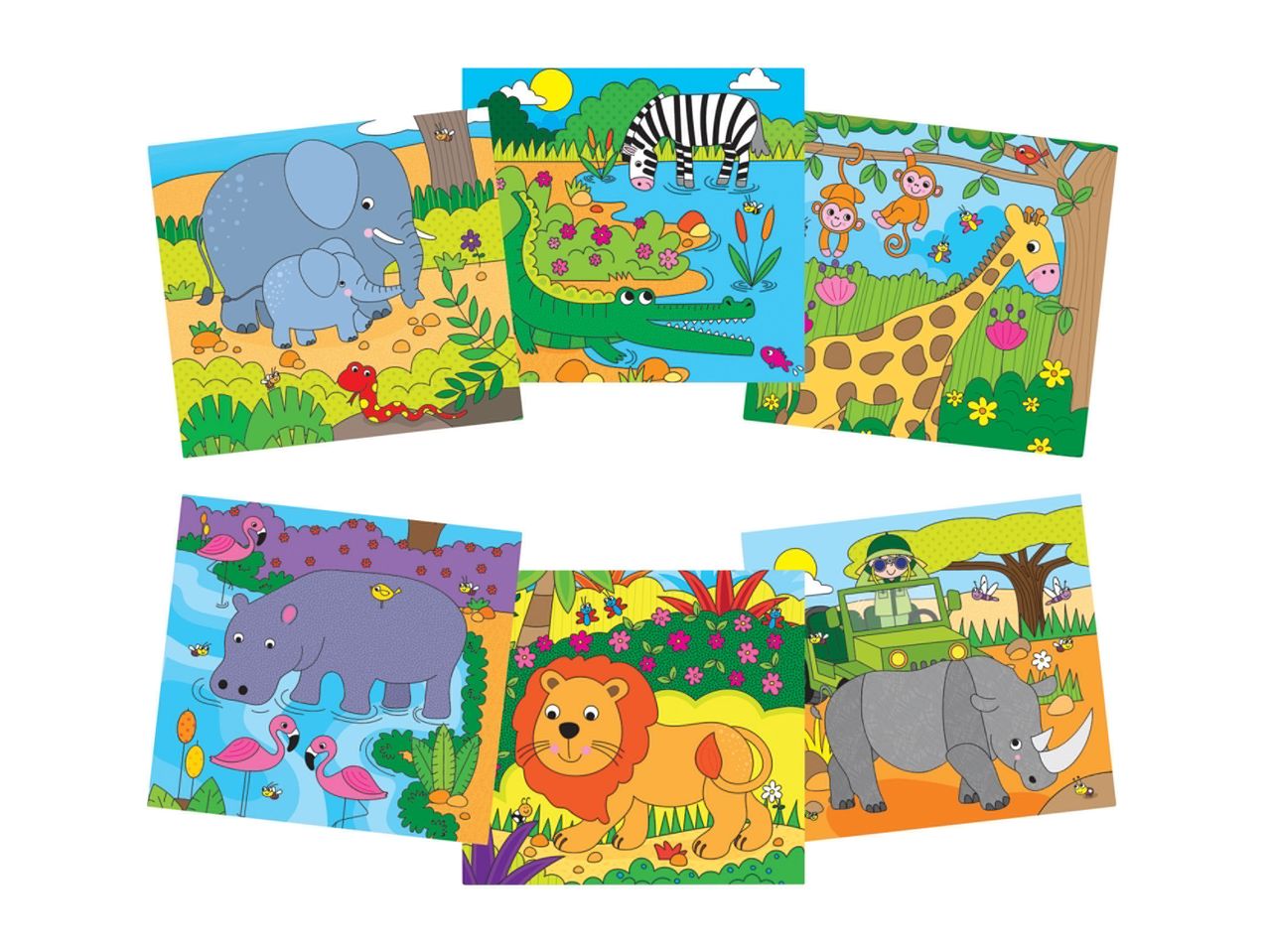 A set of eight colorful children's jigsaw puzzles featuring African animals.