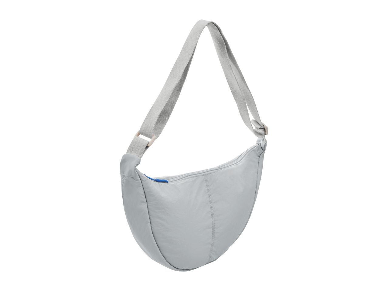 Light gray crescent shoulder bag with a blue zipper pull.