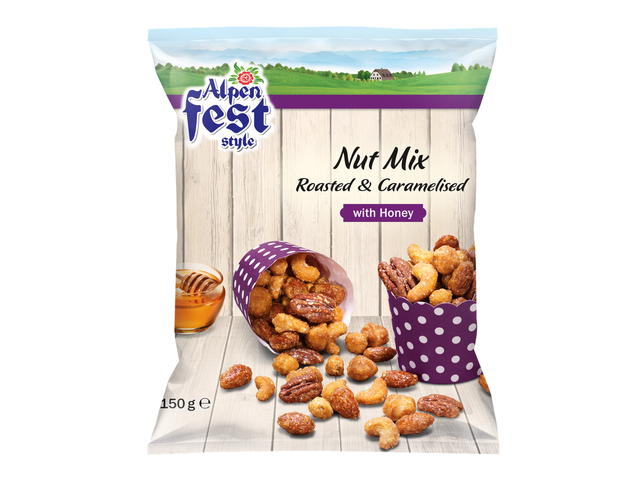 Alpenfest Sweetened Nuts product packaging with roasted and caramelised nut mix.