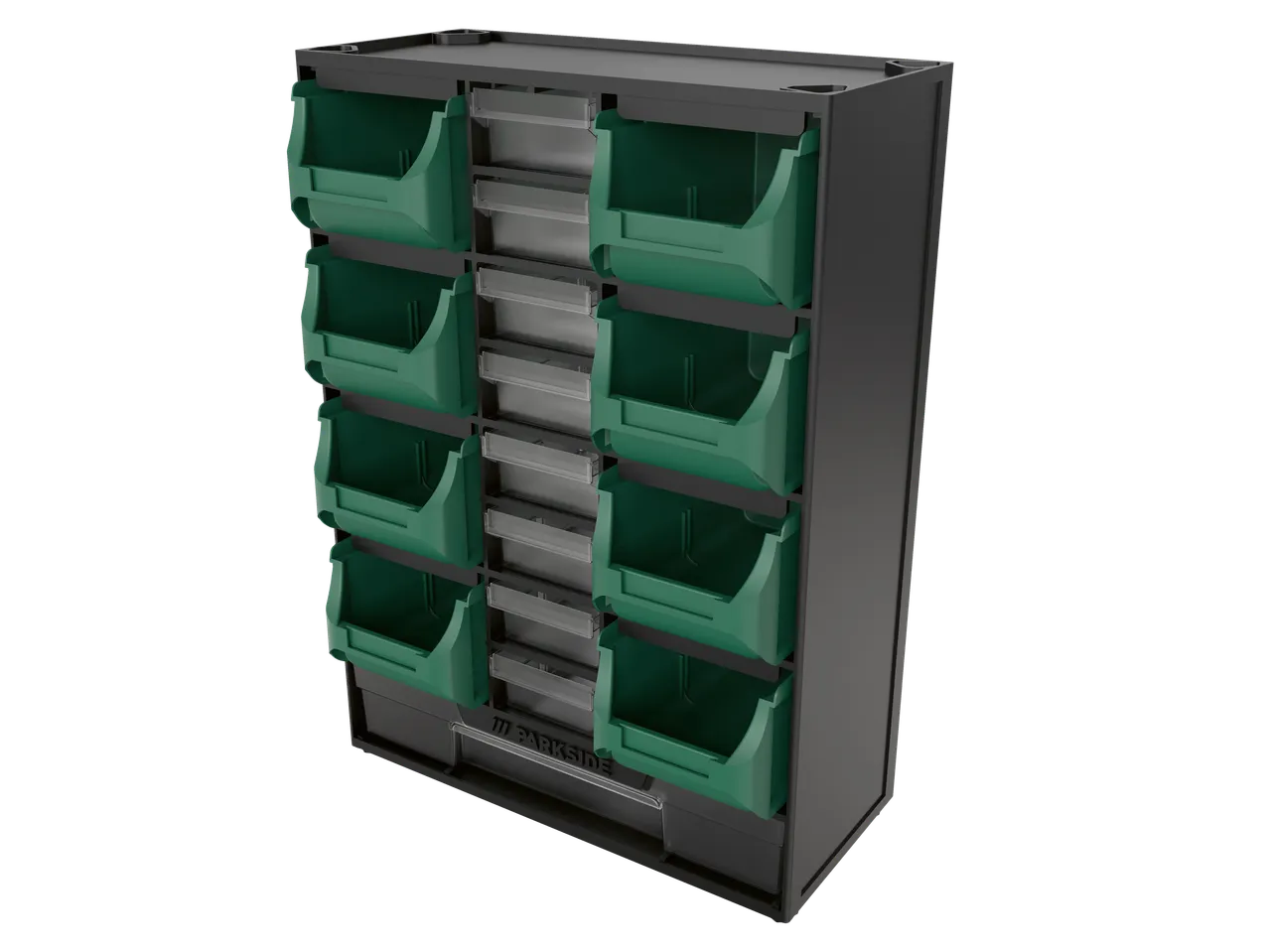 Parkside® Small Parts Organiser with green bins and clear drawers.