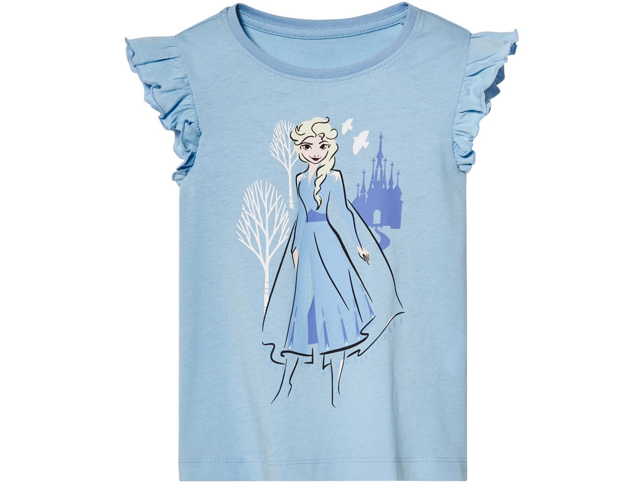 Maglietta azzurra per bambina con stampa di Elsa di Frozen, alberi e castello.