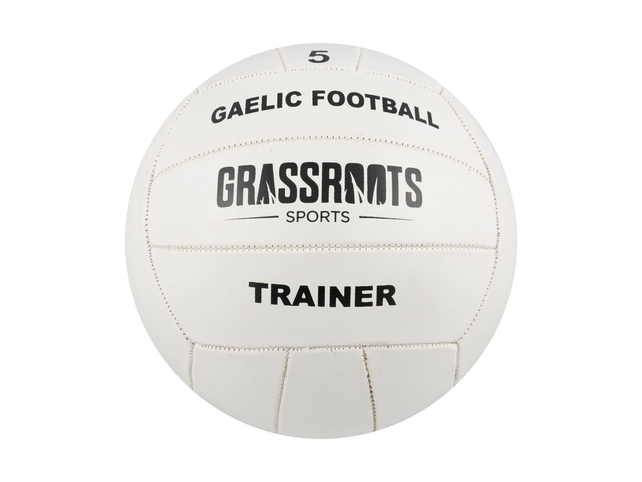 White Gaelic football with 'GAELIC FOOTBALL GRASSROOTS SPORTS TRAINER' text and number 5
