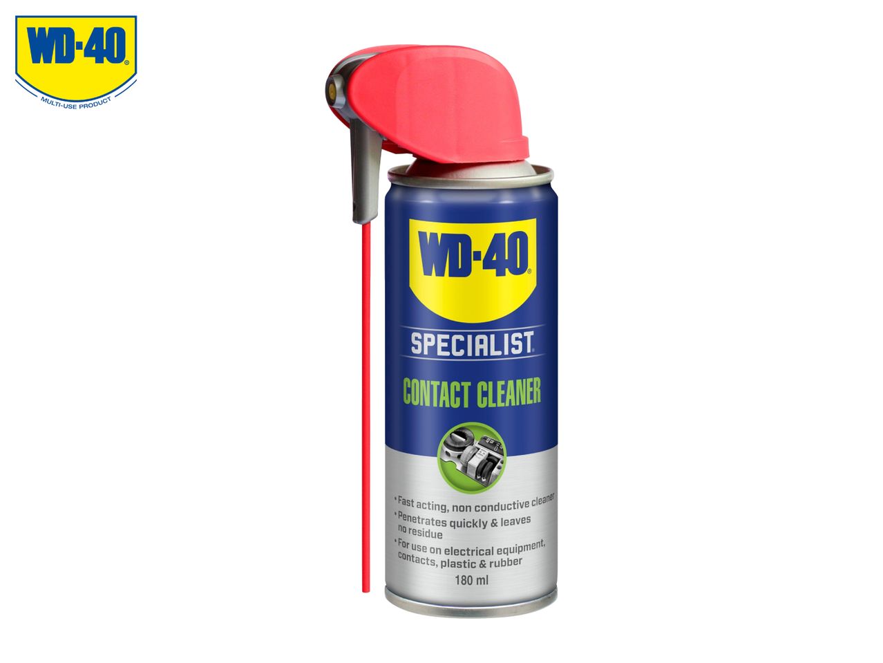 A can of contact cleaner spray with a red precision straw.