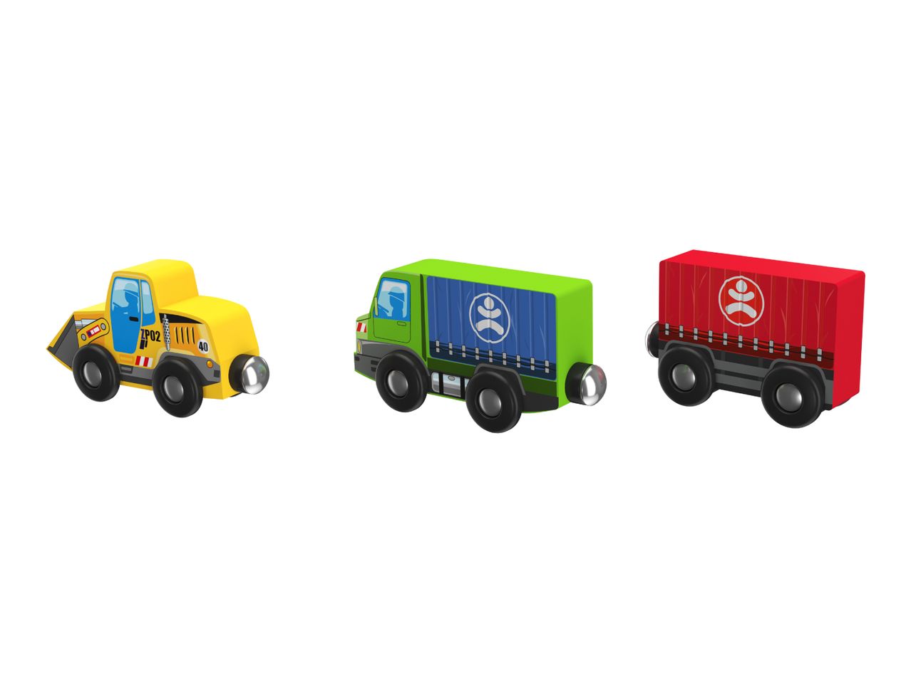 Three wooden toy vehicles: a yellow bulldozer, a green truck, and a red cargo wagon.