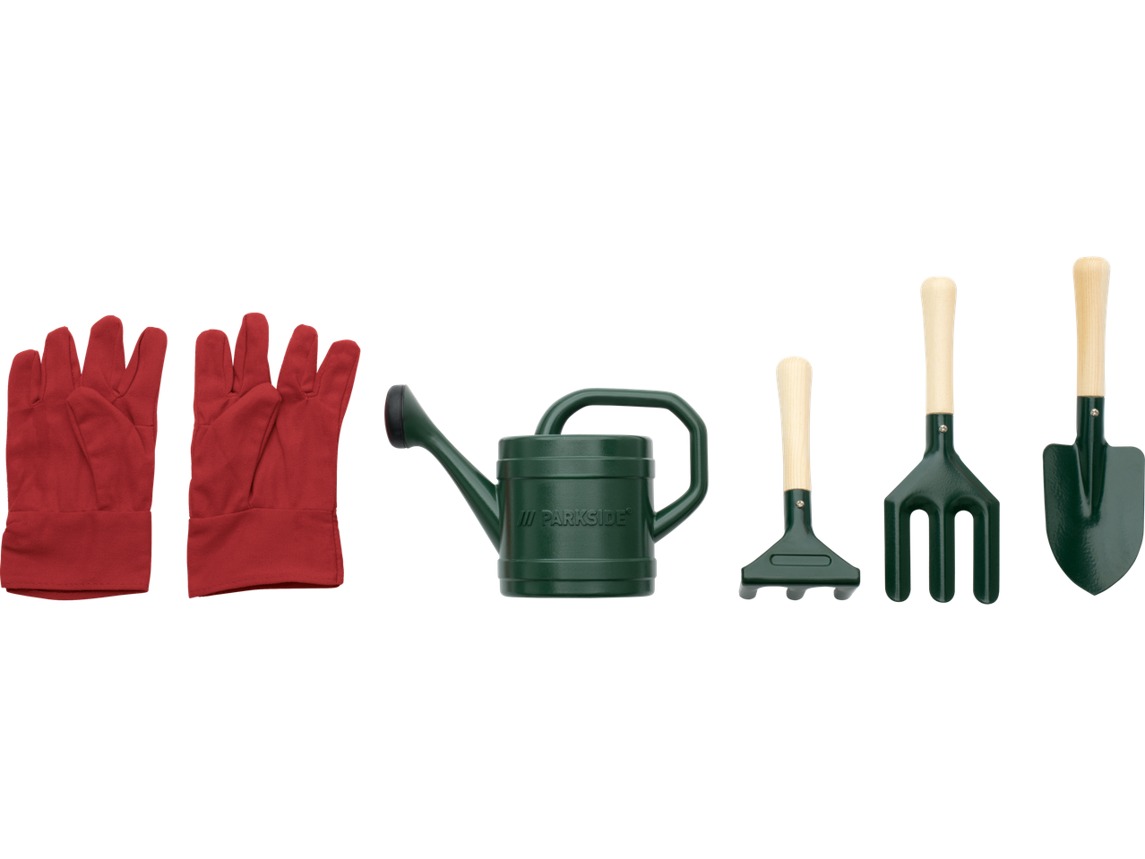 Crvene baštenske rukavice, zelena kanta za zalivanje sa logom 'PARKSIDE', grabulje, vile i lopata.