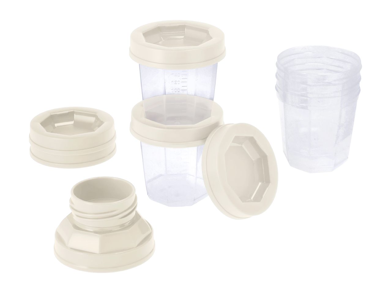 A set of transparent baby food storage containers with cream-colored lids and a bottle adapter.