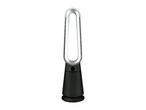 A black and silver bladeless tower fan with a control panel on its base.