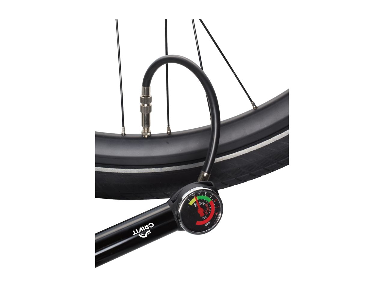 A Crivit bicycle pump with a gauge is shown inflating a bicycle tire.
