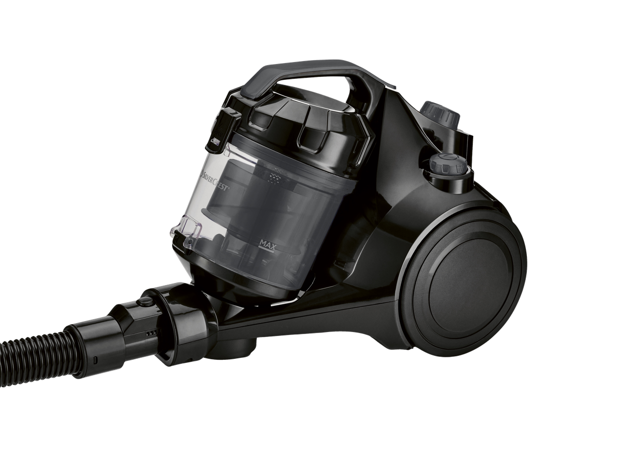Aspirator negru Silvercrest® cu recipient transparent pentru praf, văzut din lateral.