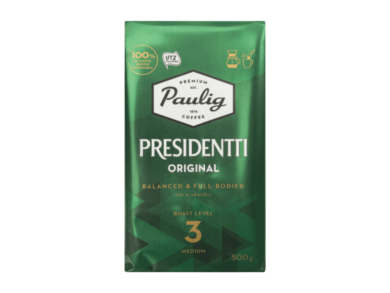 Paulig Presidentti Original kohvipakk, 500g, keskmise röstiga, 100% Arabica.