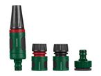 A set of green and black garden hose accessories, including a spray nozzle and three connectors.