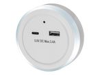 White circular USB charger with USB-A and USB-C ports