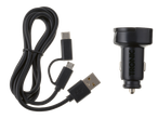 Încărcător auto negru și cablu USB multi-conector cu micro-USB și USB-C