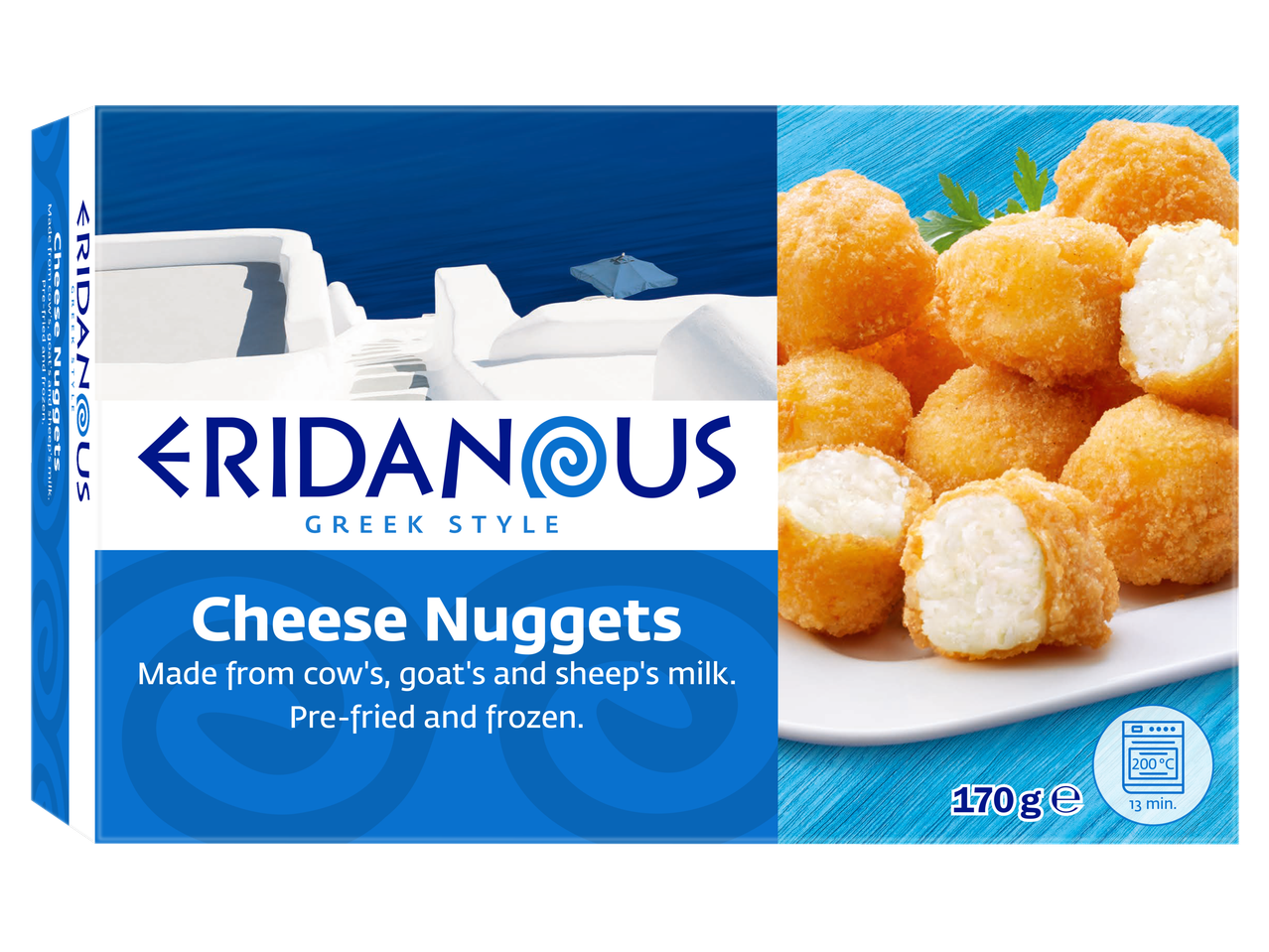 Eridanous gepaneerde kaasnuggets, gemaakt van koeien-, geiten- en schapenmelk, voorgebakken en diepgevroren.