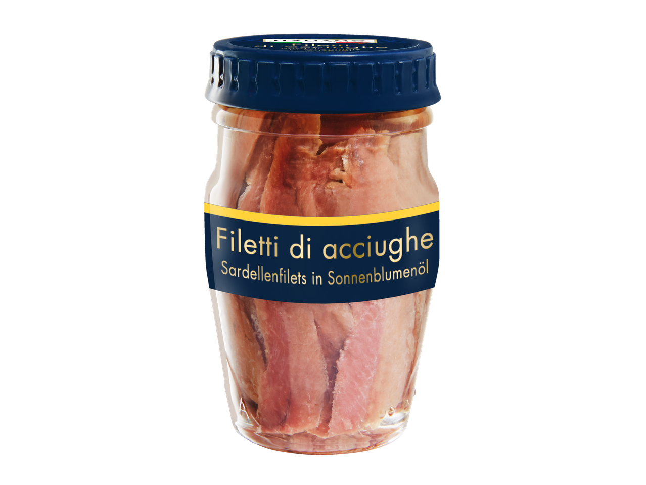 Ein Glas mit marinierten Sardellenfilets in Sonnenblumenöl, italienischer Stil.