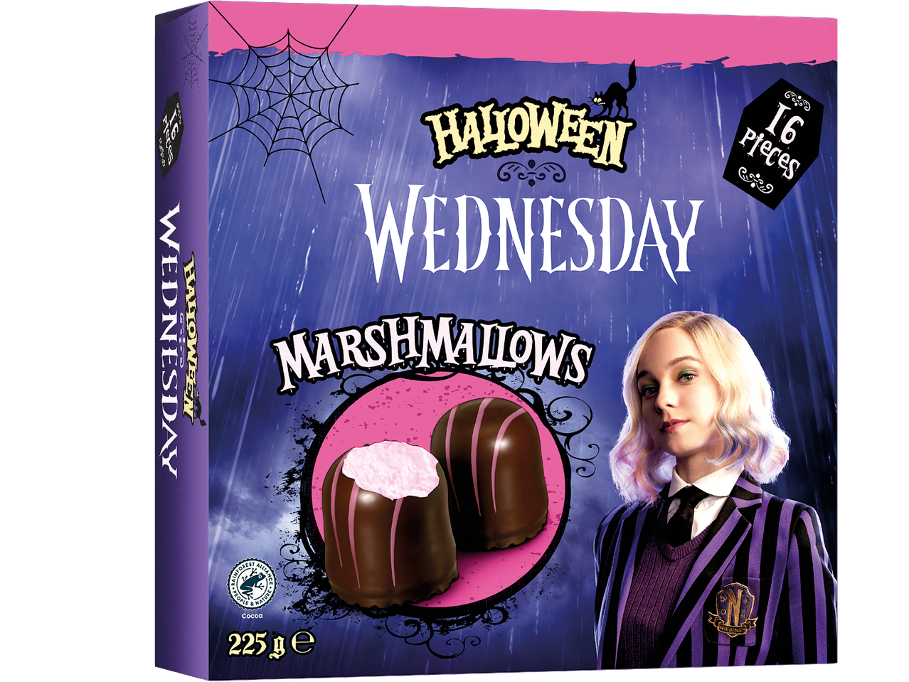 Halloween Wednesday marshmallows med en bild av Enid Sinclair på förpackningen.