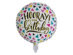 A white foil balloon with colorful triangles and the text 'HOORAY! IT'S YOUR birthday!'