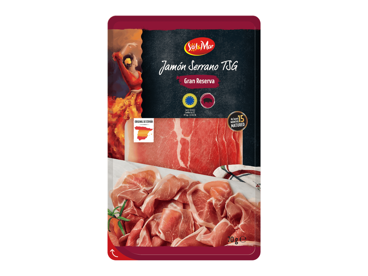 Pakkaus serranokinkkua, jossa on espanjalainen teema ja tekstiä, kuten 'Gran Reserva'.