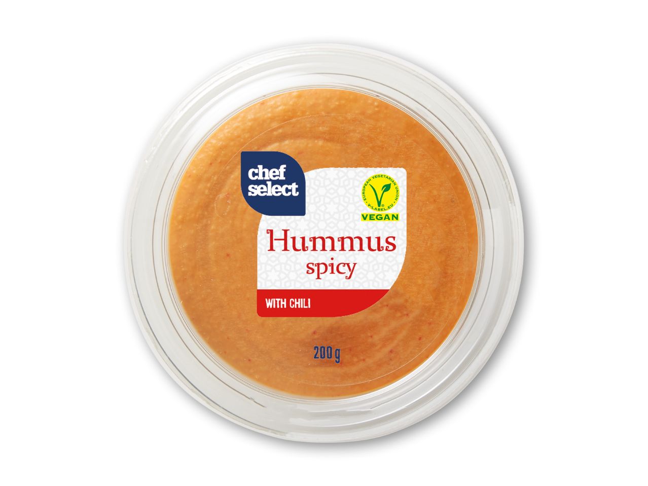 Chef Select krydret hummus med chili i en gennemsigtig beholder.