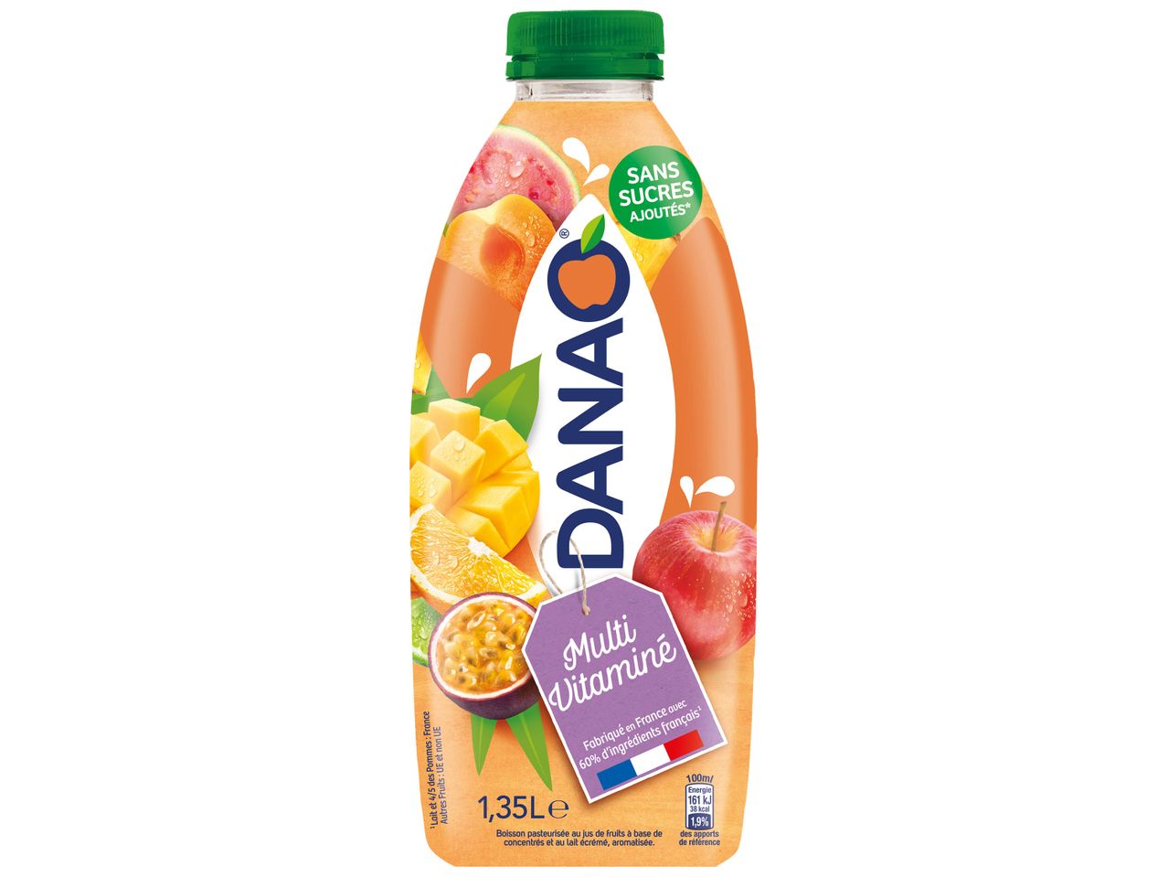 Bouteille de jus de fruits Danao aux pêches et fruits de la passion.