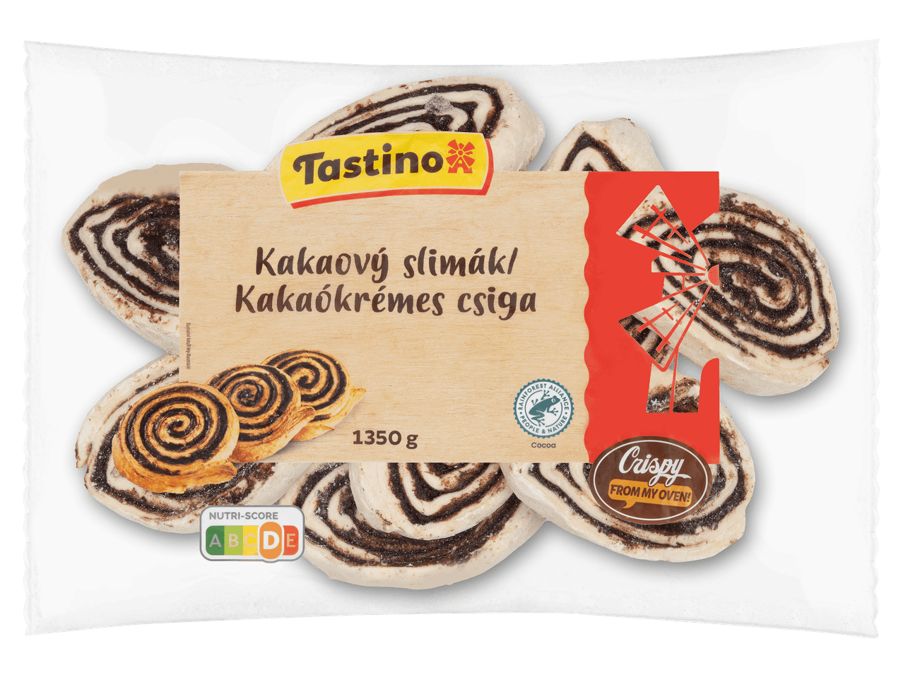 Gyorsfagyasztott kakaós csiga 1350 g-os kiszerelésben.