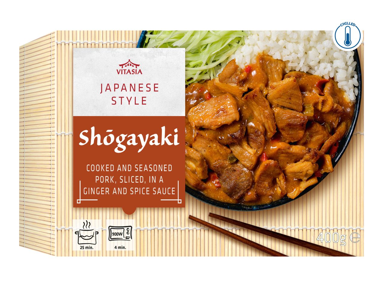 Japanese style Shōgayaki, cooked and seasoned pork in ginger and spice sauce, with rice and cabbage, 400g.