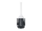 A white-handled round hairbrush with black bristles.