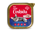 Coshida kattenvoer pate in een schaal met gouden rand.