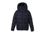 Dark blue children's puffer jacket with a hood featuring a dinosaur print lining.
