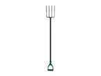 A garden fork with a black handle and a green D-grip, standing upright.