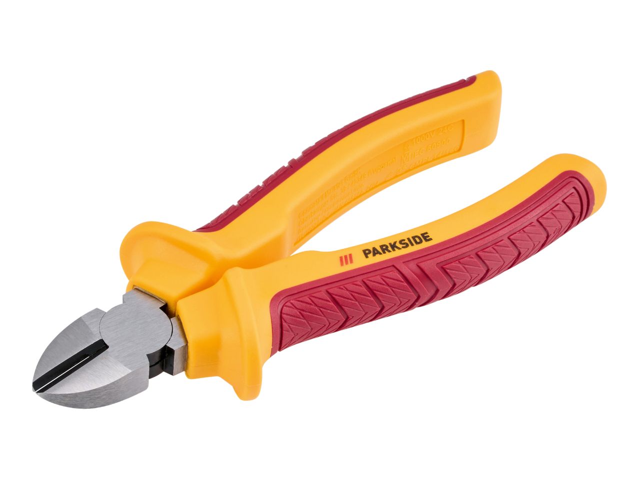 Insulated diagonal cutting pliers, yellow and red, rated 1000V.